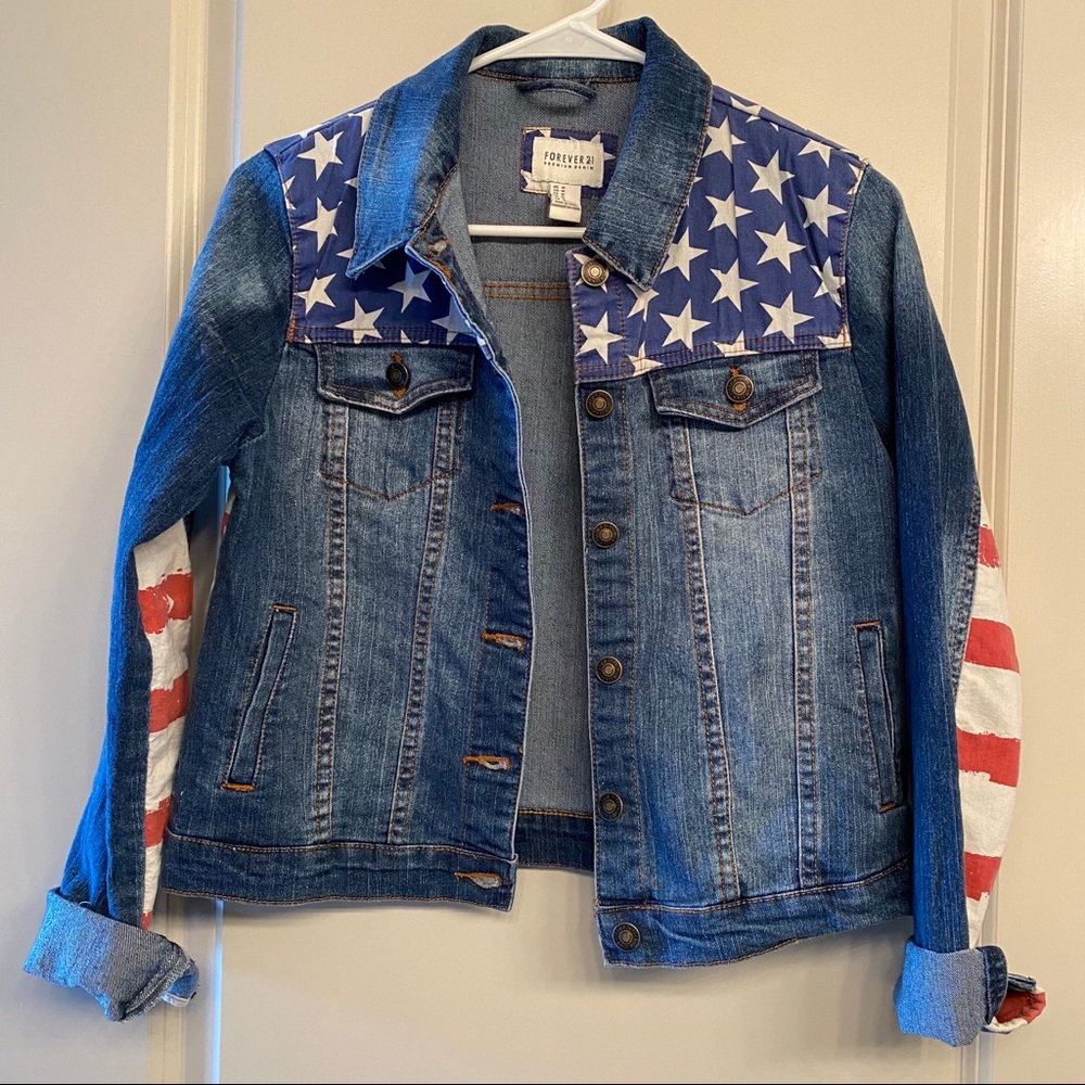 F21 stars + stripes flag medium-wash denim jacket